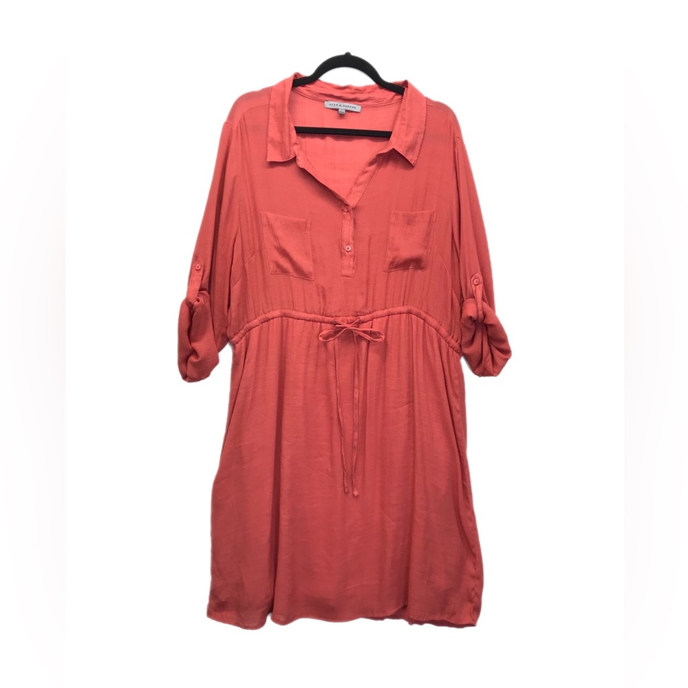 Alex & Parker Dress Size 2X Roll Tab Sleeve Drawstring Waist Breast‎ Pockets.